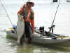 24.5 lb / 40 inch Halibut caught 7/5/04 by Bob Hodgin off Dana Point. I was on my new Hobie Outback and caught the fish on a Seeker BCSW 706 rod with a Shimano Calcutta 400S reel loaded with 15 lb test. Used a live sardine.